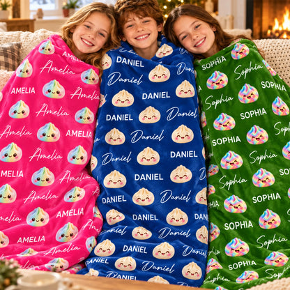 Cute Squishy Dumpling Personalized Kids Blanket - Custom Name Throw Gift