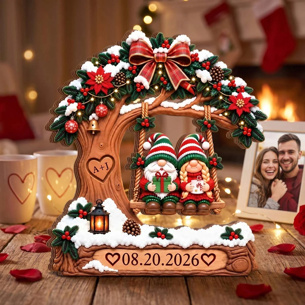 Snowy Tree Swing Personalized Couple Christmas Wooden Block - Romantic Keepsake Decor for Husband and Wife