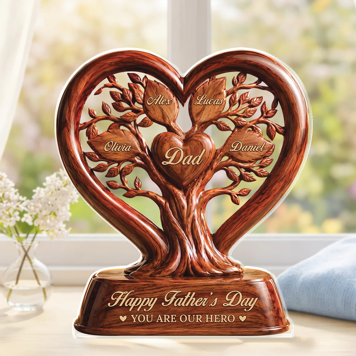 Custom family tree acrylic plaque featuring personalized names of children and grandchildren for a heartfelt family gift