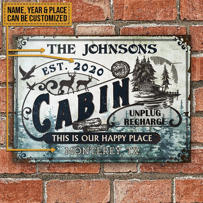 This Is Our Happy Place Personalized Cabin Metal Sign - Custom Family Name Wall Decor