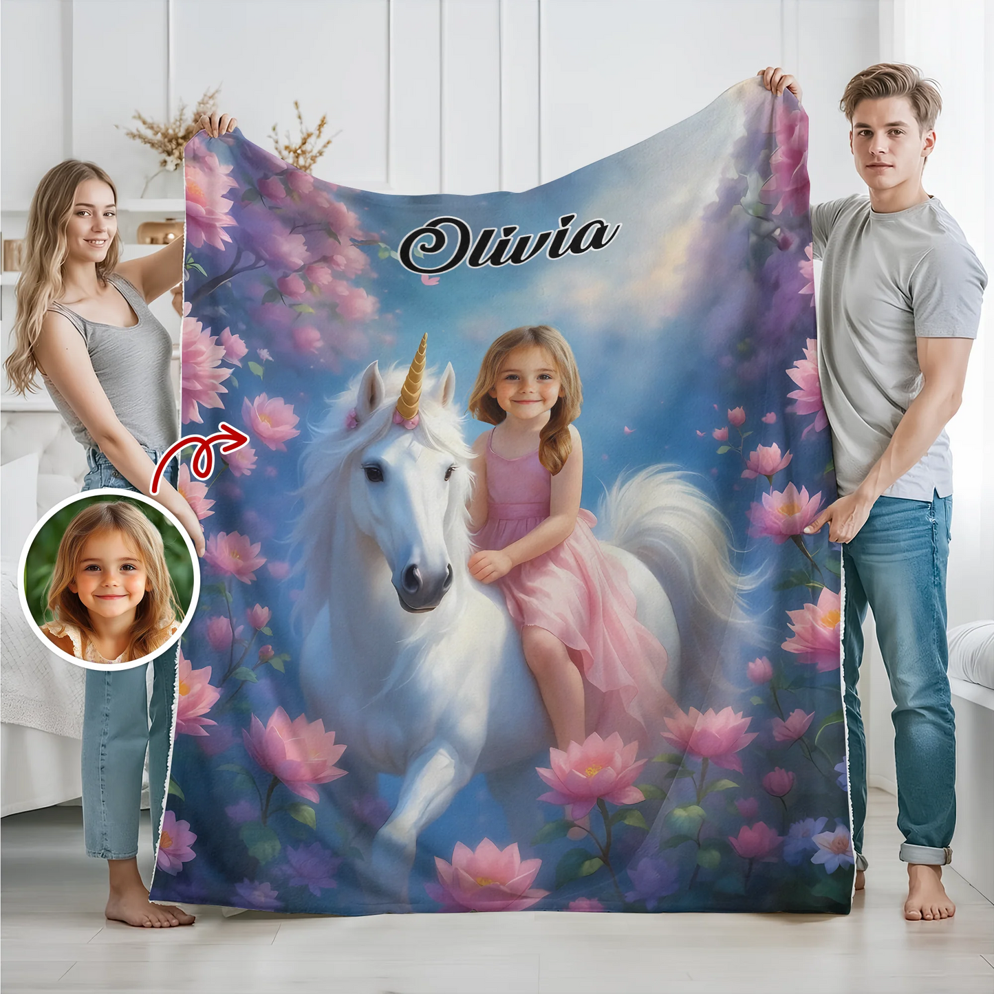 Personalized kids photo blanket featuring a custom photo face ride on a dinosaur or unicorn with name text. image 7
