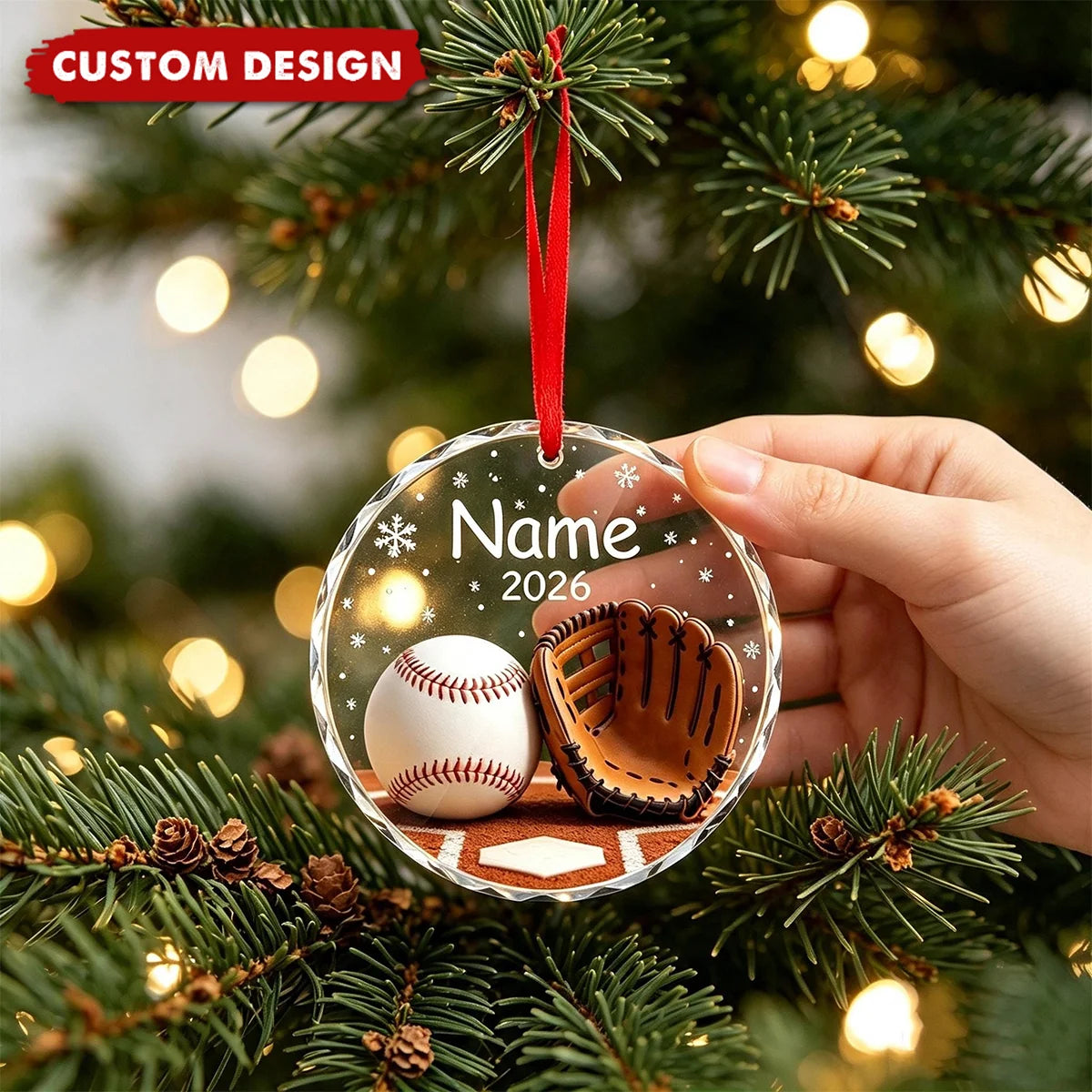 Personalized Baseball & Softball Glove Christmas Glass Ornament - Custom Player Name Keepsake Gift