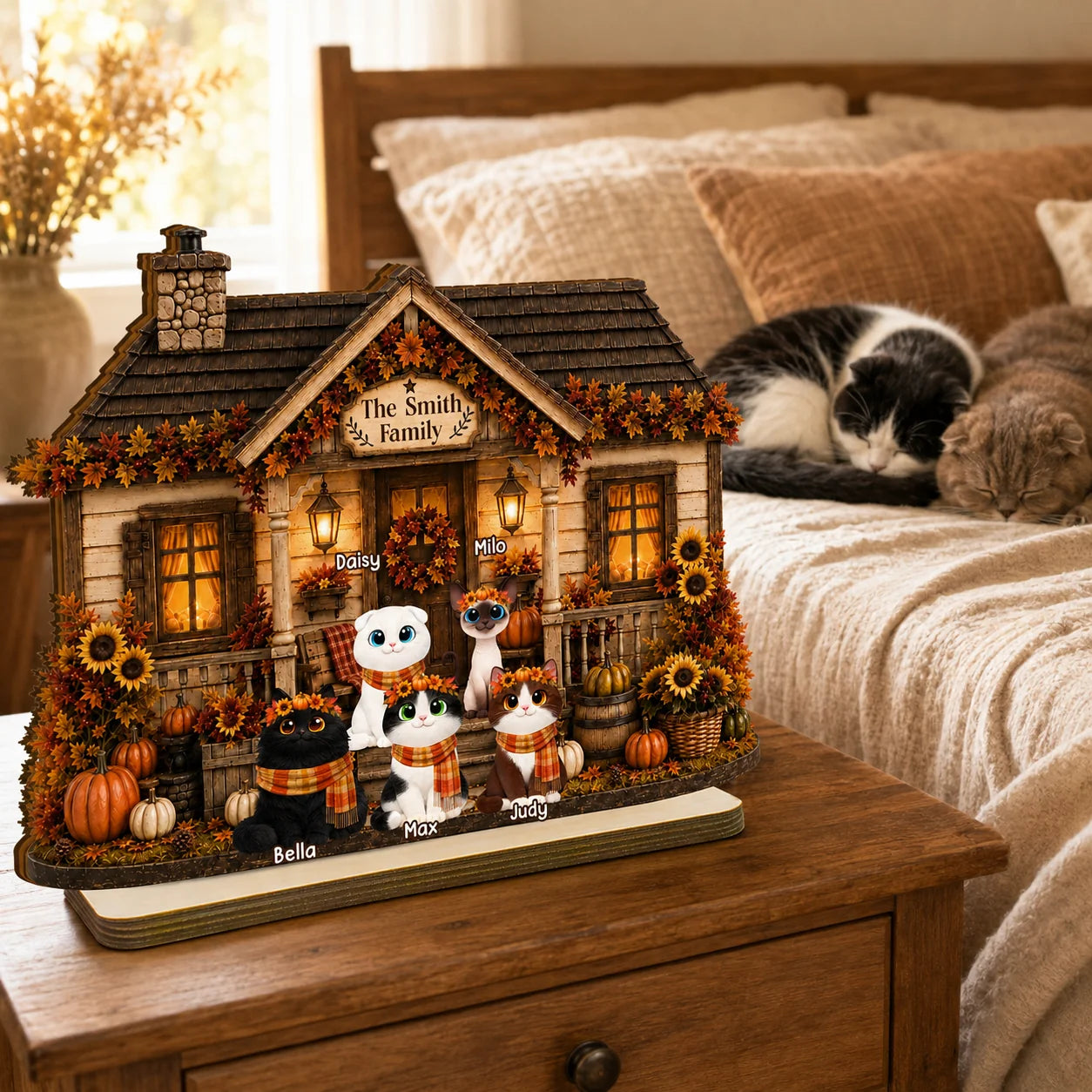 Personalized Fall Season Cat House Wooden Plaque - Custom Pumpkin Autumn Decor Gift