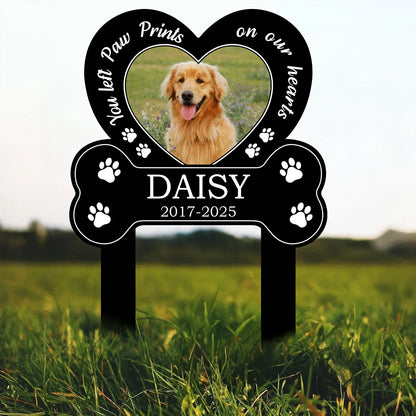 You Left Paw Prints On My Heart - Personalized Dog Photo Memorial Garden Stake for Yard