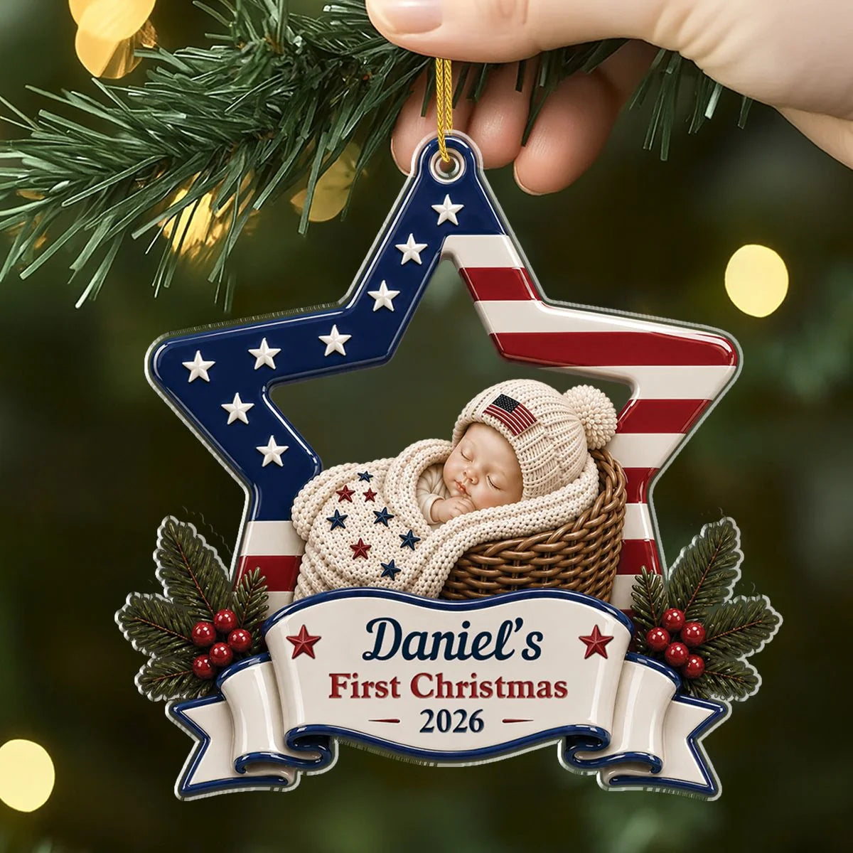 Baby's First Christmas Personalized Acrylic Ornament - Patriotic USA Star Holiday Keepsake