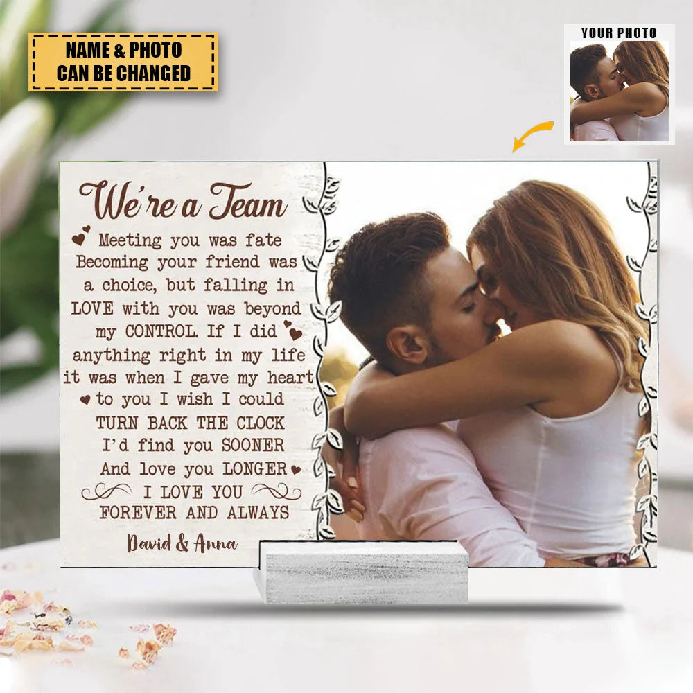 Personalized acrylic couple plaque with custom photo print and romantic text - unique keepsake gift for husband wife