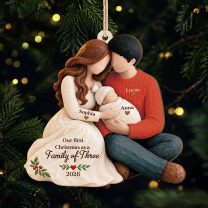 Our First Christmas as a Family of Three - Personalized Wooden Ornament for New Mom Dad Holiday Keepsake