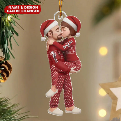 Kissing Couple In Pajamas Personalized Acrylic Ornament - Custom Husband & Wife Christmas Keepsake