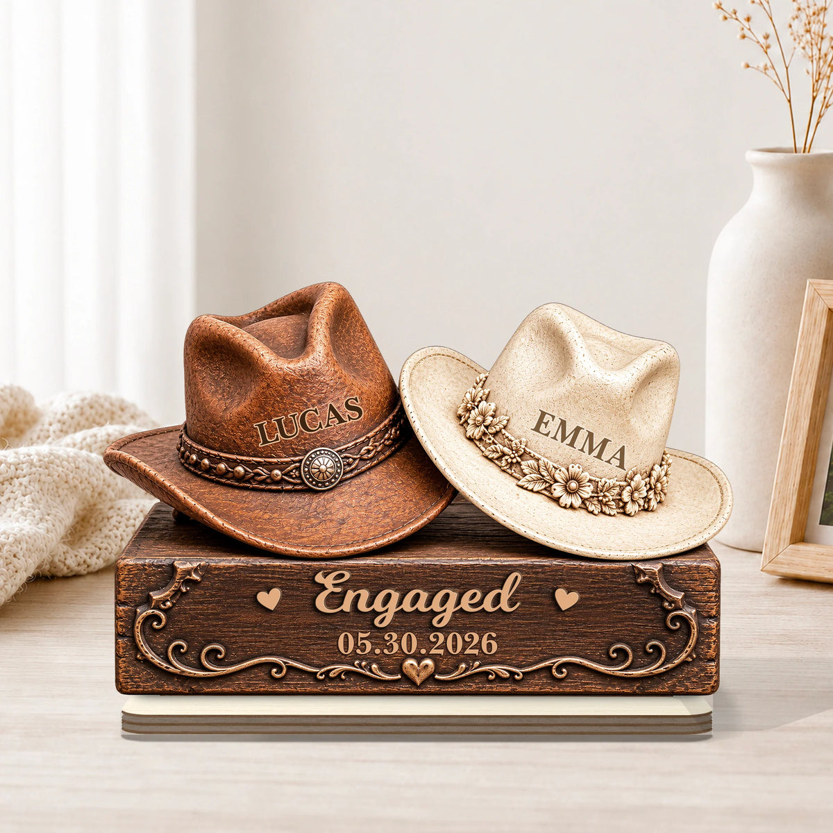 Mr and Mrs Cowboy Hats Couple Wooden Plaque - Personalized Wedding Gift for Couples