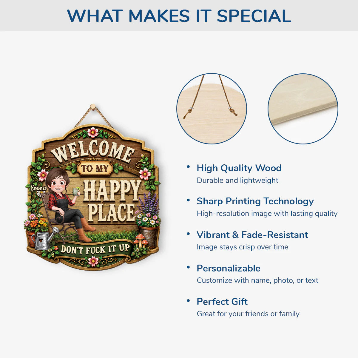 Wood Sign material and size view - Personalized Happy Place Wood Sign
