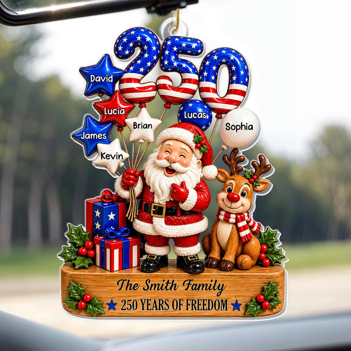 "250 Years Of Freedom" Personalized Family Acrylic Ornament - Santa Reindeer Christmas Keepsake