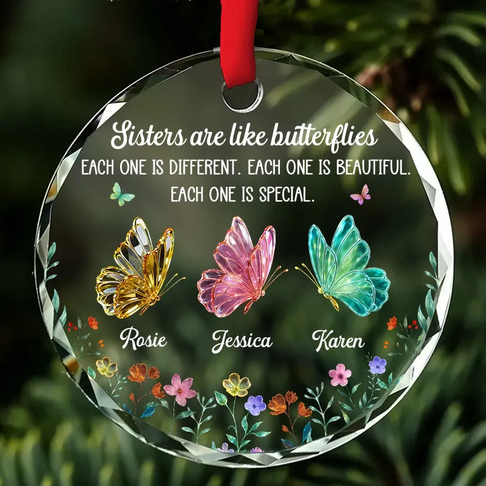 Sisters Are Like Butterflies Personalized Glass Ornament - Custom Sister Christmas Gift and Keepsake for Best Friends