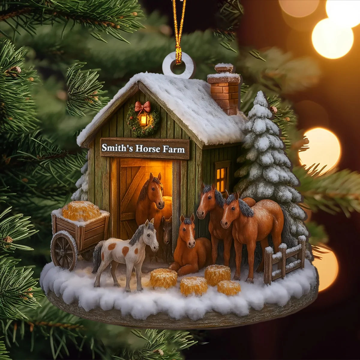 Christmas At The Horse Farm Personalized Wood Ornament - Family Holiday Keepsake Gift