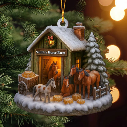 Christmas At The Horse Farm Personalized Wood Ornament - Family Holiday Keepsake Gift
