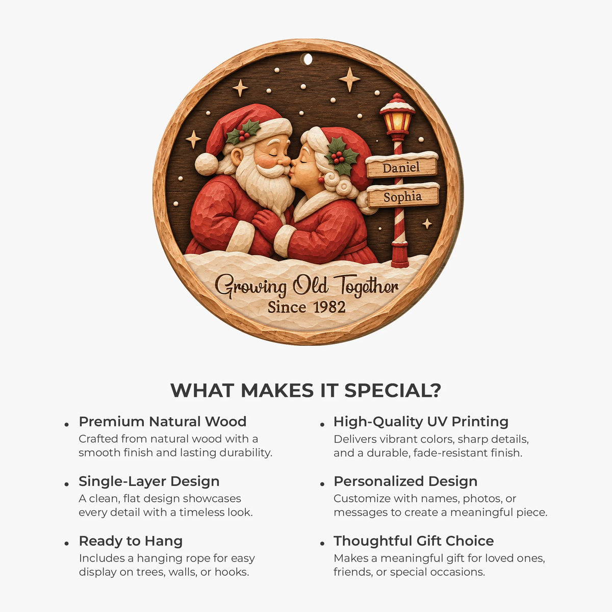 Growing Old Together Personalized Wooden Ornament - Custom Kissing Santa Couple Keepsake
