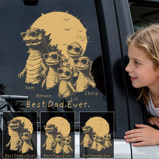 Custom Dadsaurus Car Decal for Dad with personalized design details for meaningful gifting