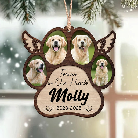 "Forever in Our Hearts" Personalized Pet Memorial Paw Wood Ornament - Custom Photo Dog Loss Keepsake Gift