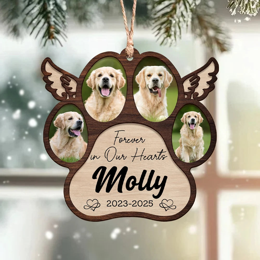 "Forever in Our Hearts" Personalized Pet Memorial Paw Wood Ornament - Custom Photo Dog Loss Keepsake Gift