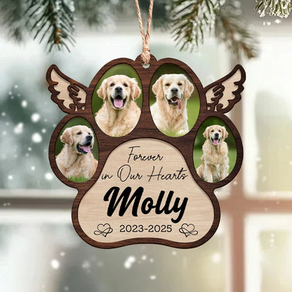 "Forever in Our Hearts" Personalized Pet Memorial Paw Wood Ornament - Custom Photo Dog Loss Keepsake Gift