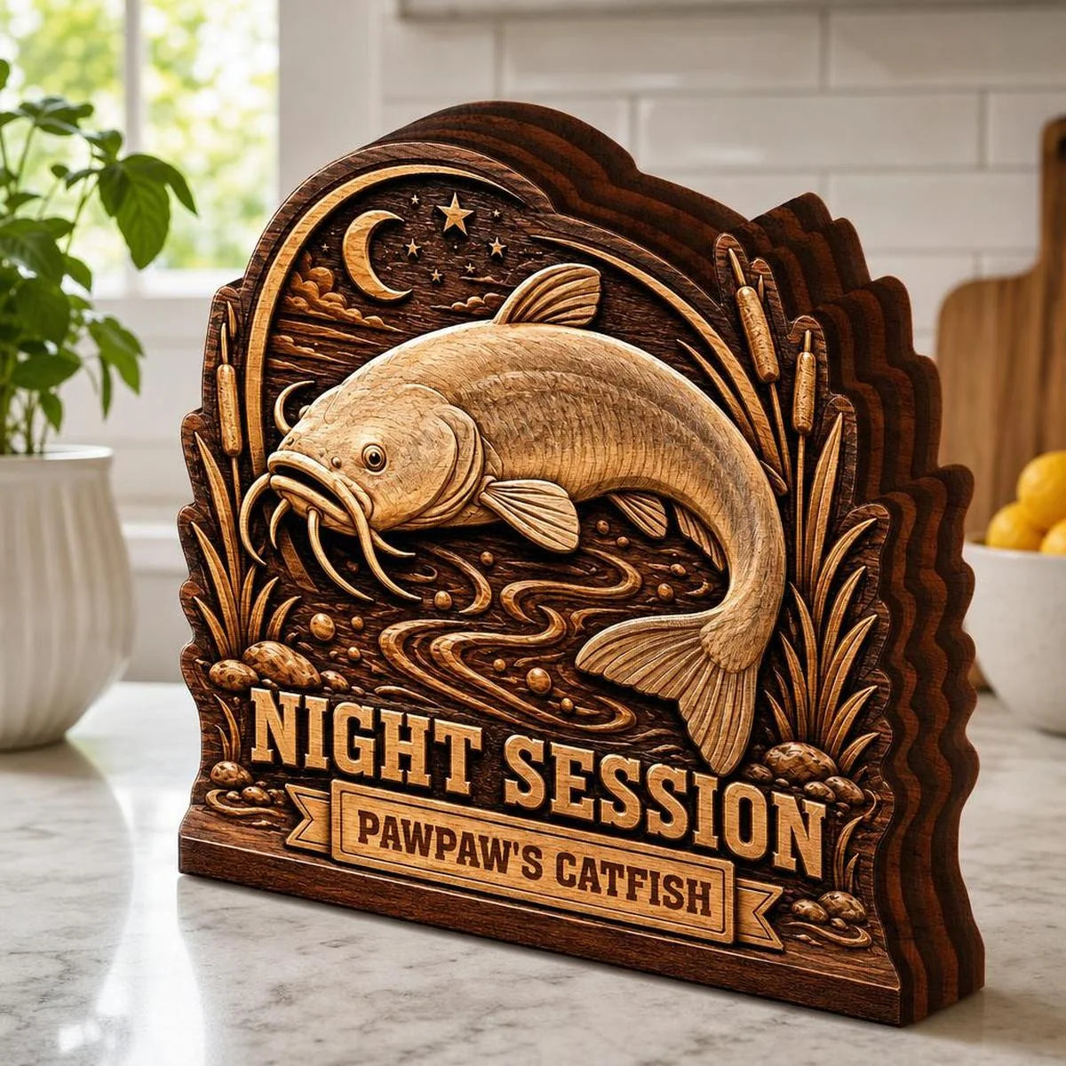 "Night Session" Personalized Catfish Fishing Wooden Block - Custom Gift for Fisherman