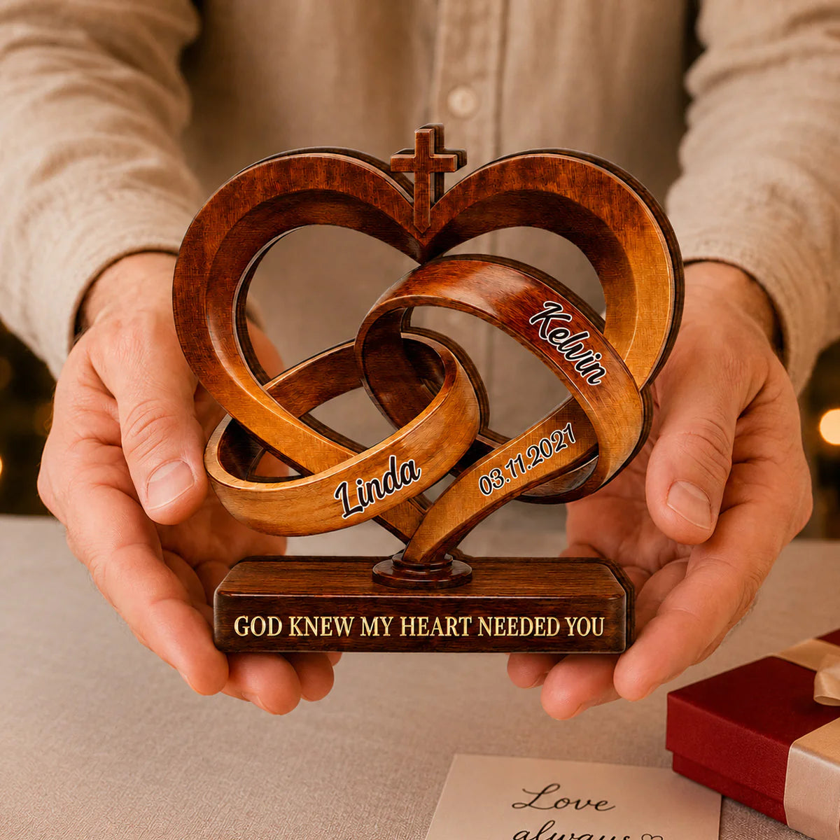 Custom Couples Interlocking Hearts Wooden Plaque personalization view for Wife