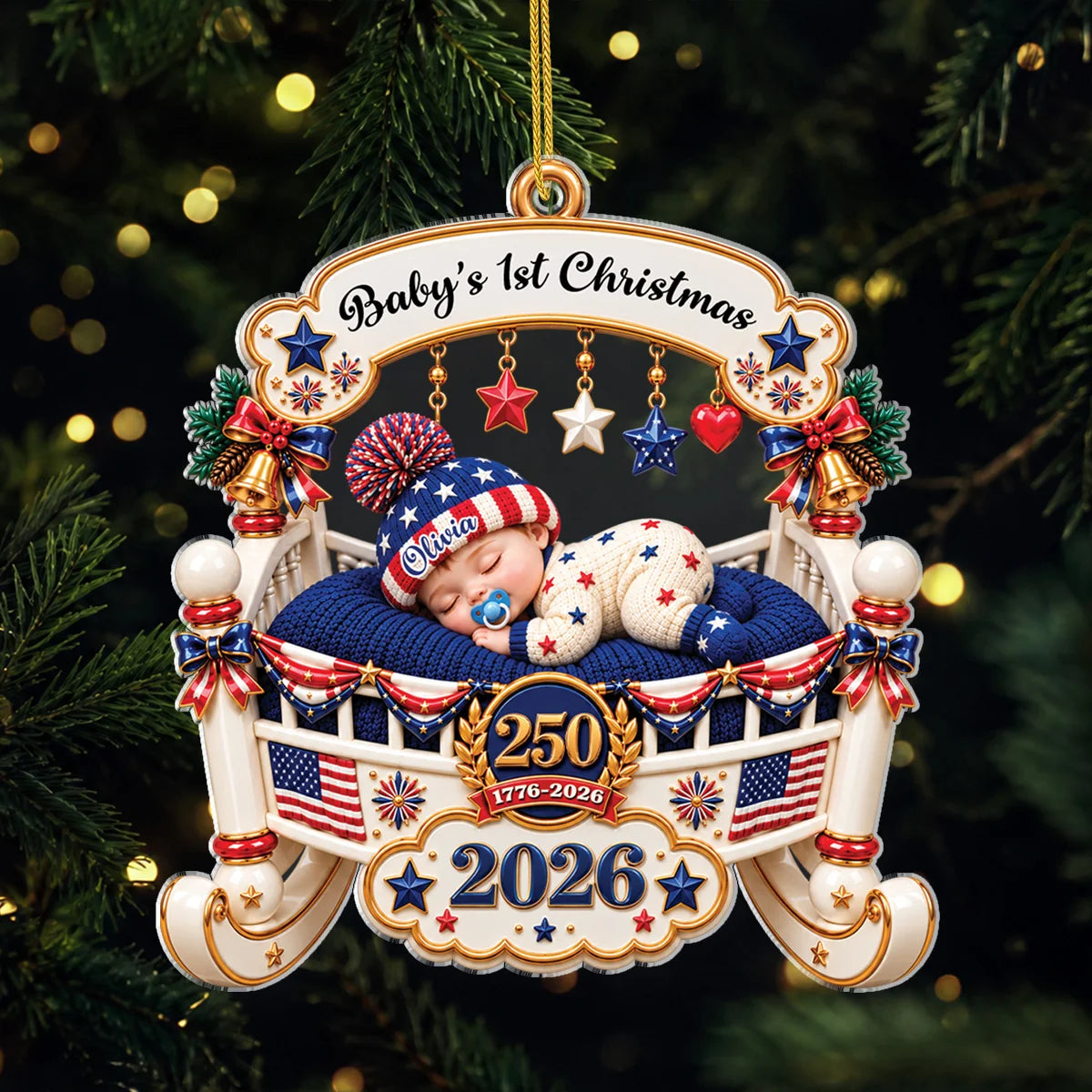 "Baby's 1st Christmas" Personalized Acrylic Ornament - Custom USA 250th Crib Keepsake for Newborn