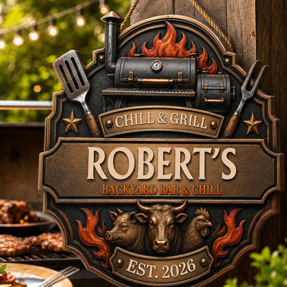 Chill & Grill Personalized BBQ Smokehouse Wood Sign - Custom Backyard Bar Door Hanger Gift for Dad