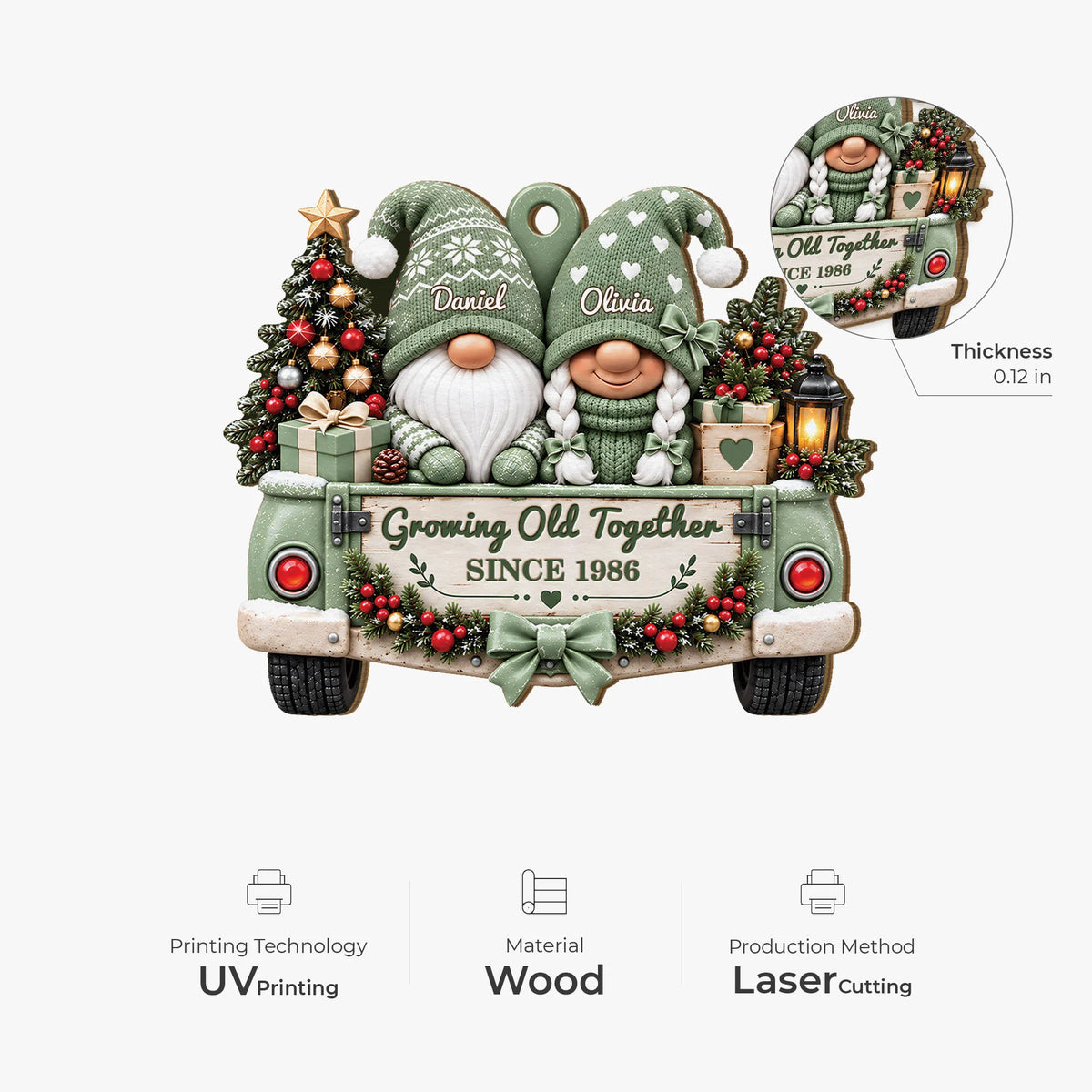 Growing Old Together Personalized Gnome Truck Wooden Ornament - Keepsake for Couples