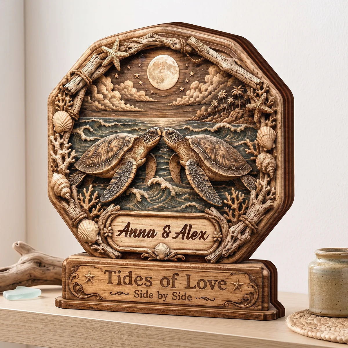 Tides Of Love Side By Side - Personalized Sea Turtle Wooden Block Gift for Couples