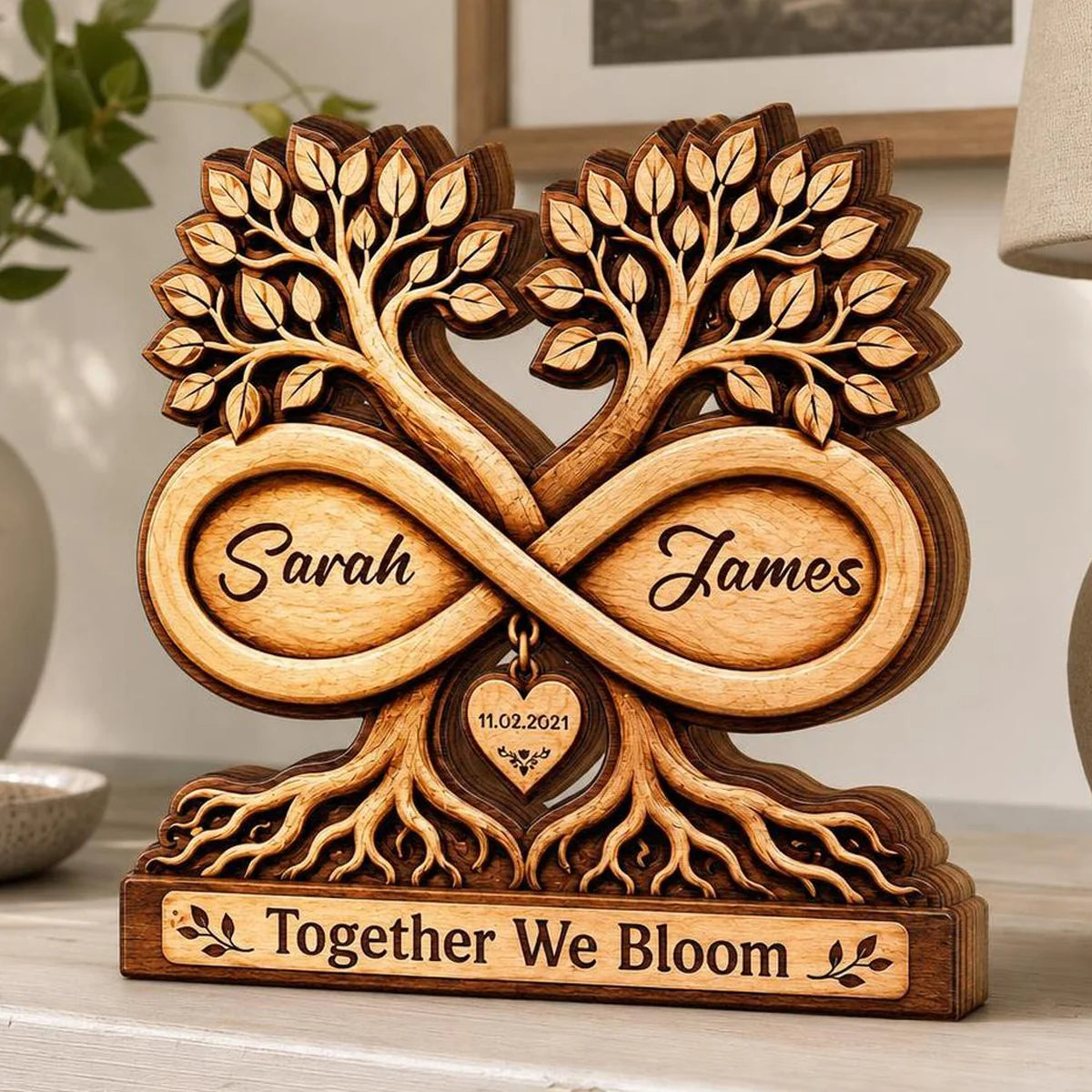 Together We Bloom Infinity Tree Personalized Wooden Block - Custom Anniversary & Wedding Keepsake Gift for Couples