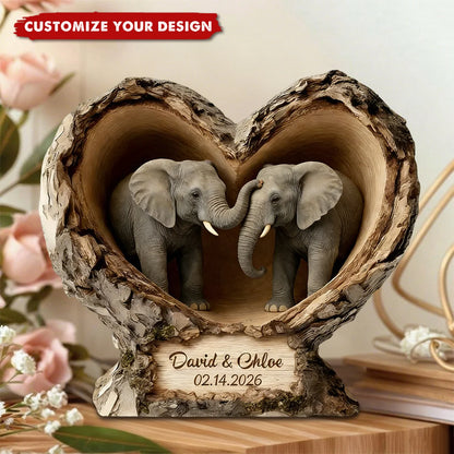 Elephant Heart Custom Shaped Wooden Block - Personalized Anniversary Gift for Couples