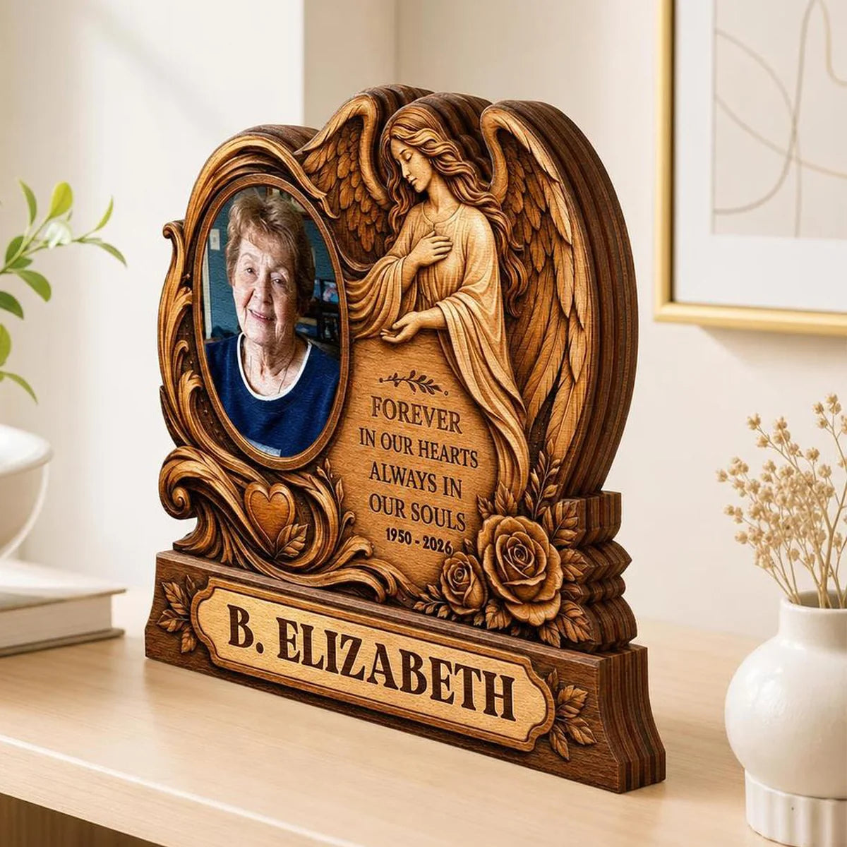 Forever In Our Hearts Personalized Memorial Wooden Block - Custom Angel Photo Gift for Family