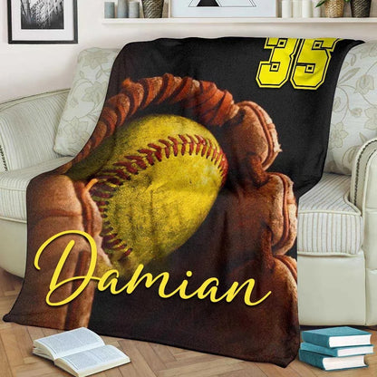 Custom Name & Number Baseball Blanket - Personalized Softball Throw Blanket for Kids