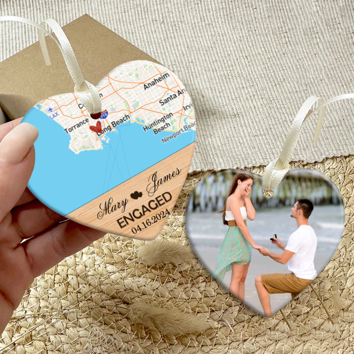 Personalized engagement map ornament with custom proposal photo and location heart design