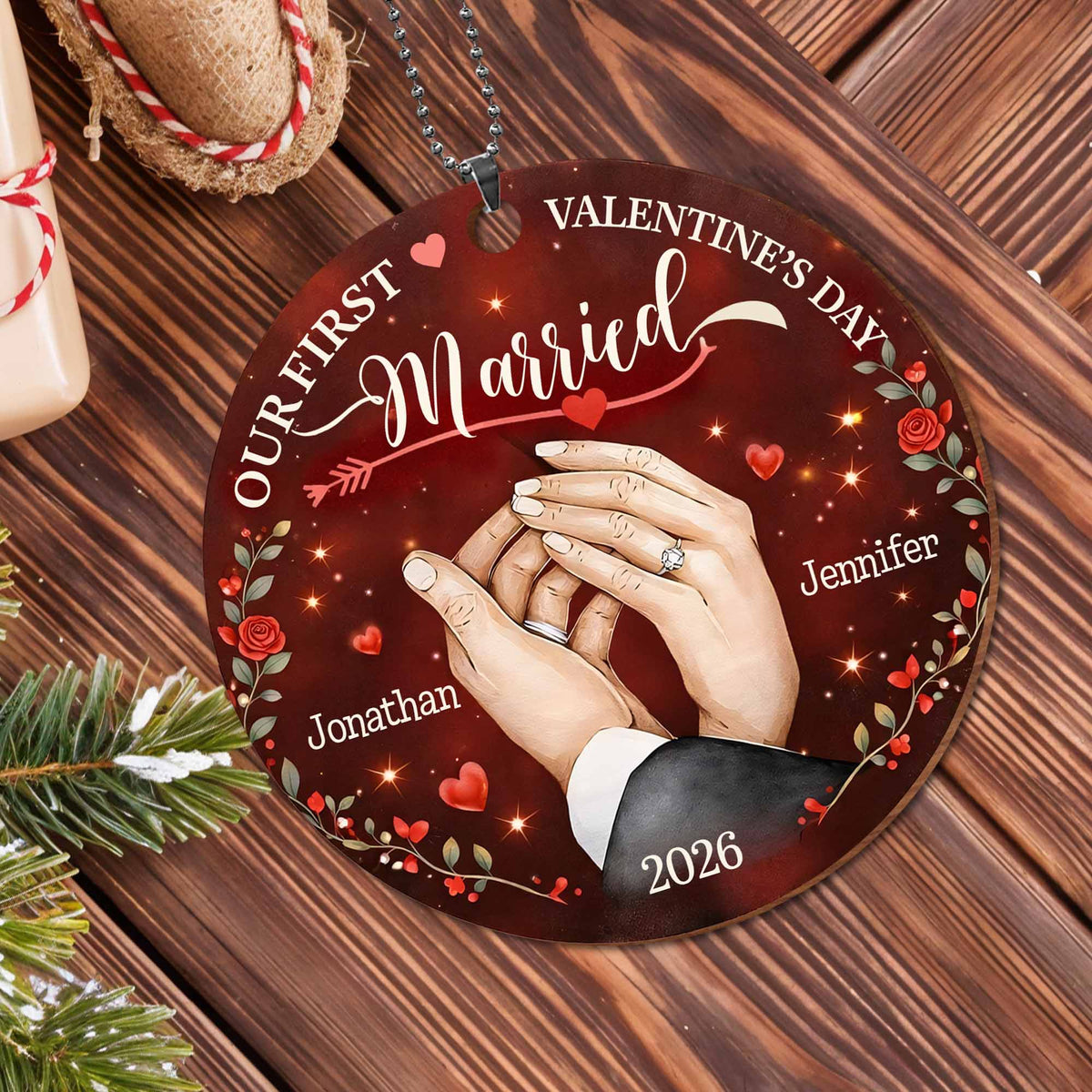 Our First Valentine's Day Married - Personalized Wood Ornament for Couples Keepsake