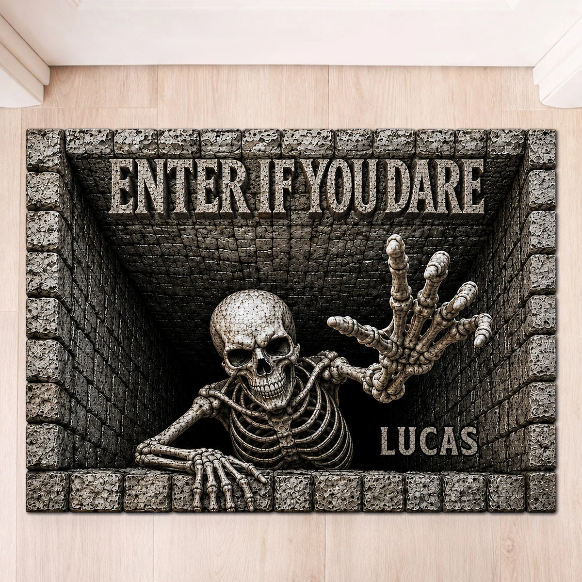 "Enter If You Dare" Skeleton Personalized Doormat - Custom Halloween Fall Decor for Family