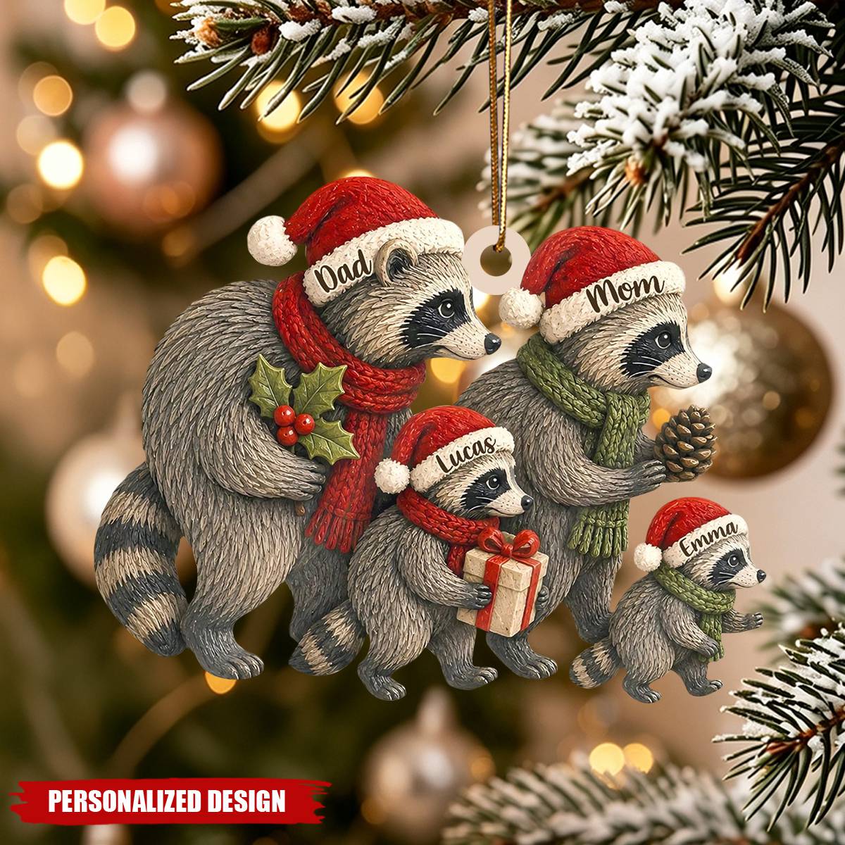 Custom Raccoon Family Christmas Acrylic Ornament - Personalized Family Names Keepsake Gift