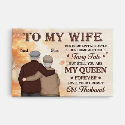 Personalized canvas prints for couples featuring an old couple back view illustration with a romantic quote for wife
