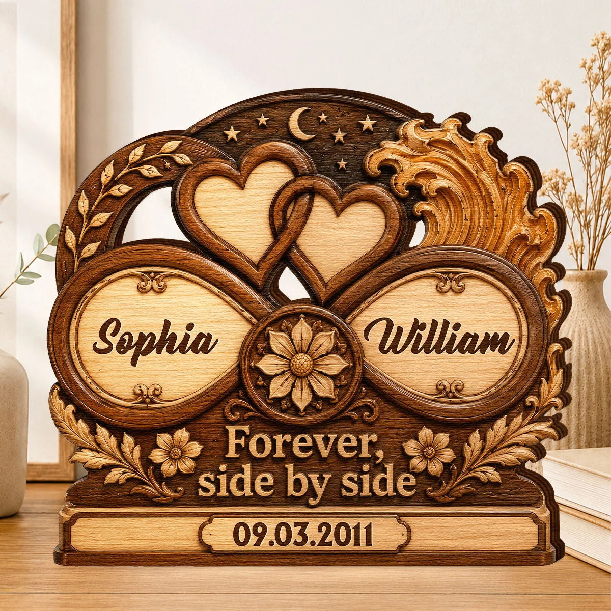Forever Side By Side Personalized Couple Wooden Block - Custom Anniversary Gift for Wife, Husband