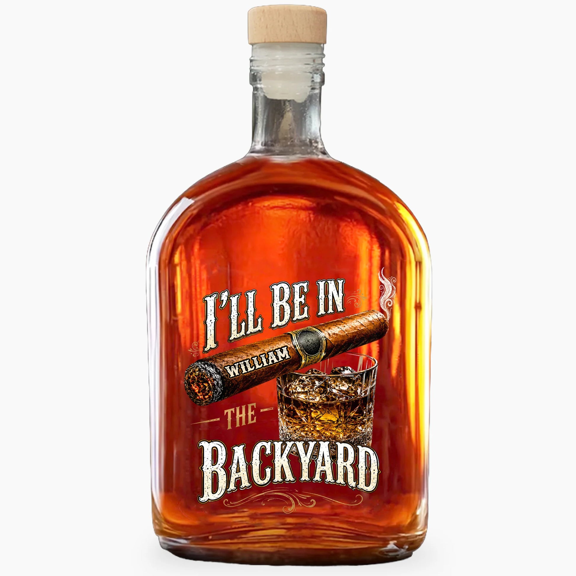 Custom whiskey decanter bottle printed with I'll Be In The Backyard cigar design - personalized gifts for dad image 8