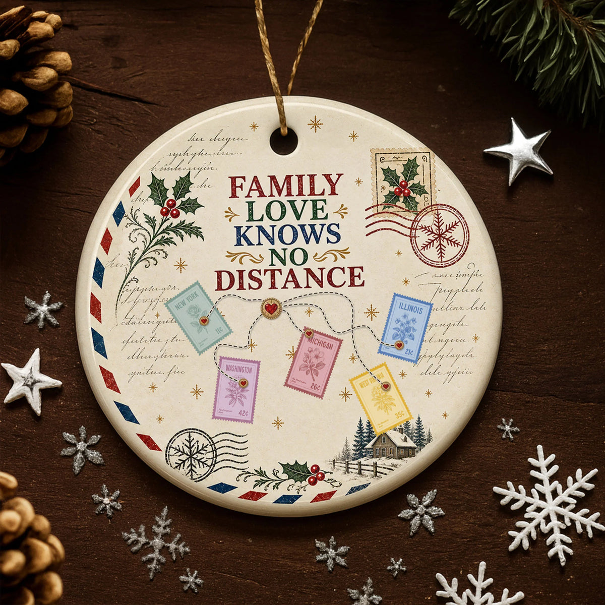 "Family Love Knows No Distance" Personalized Ceramic Ornament - Long Distance Christmas Keepsake Gift for Family