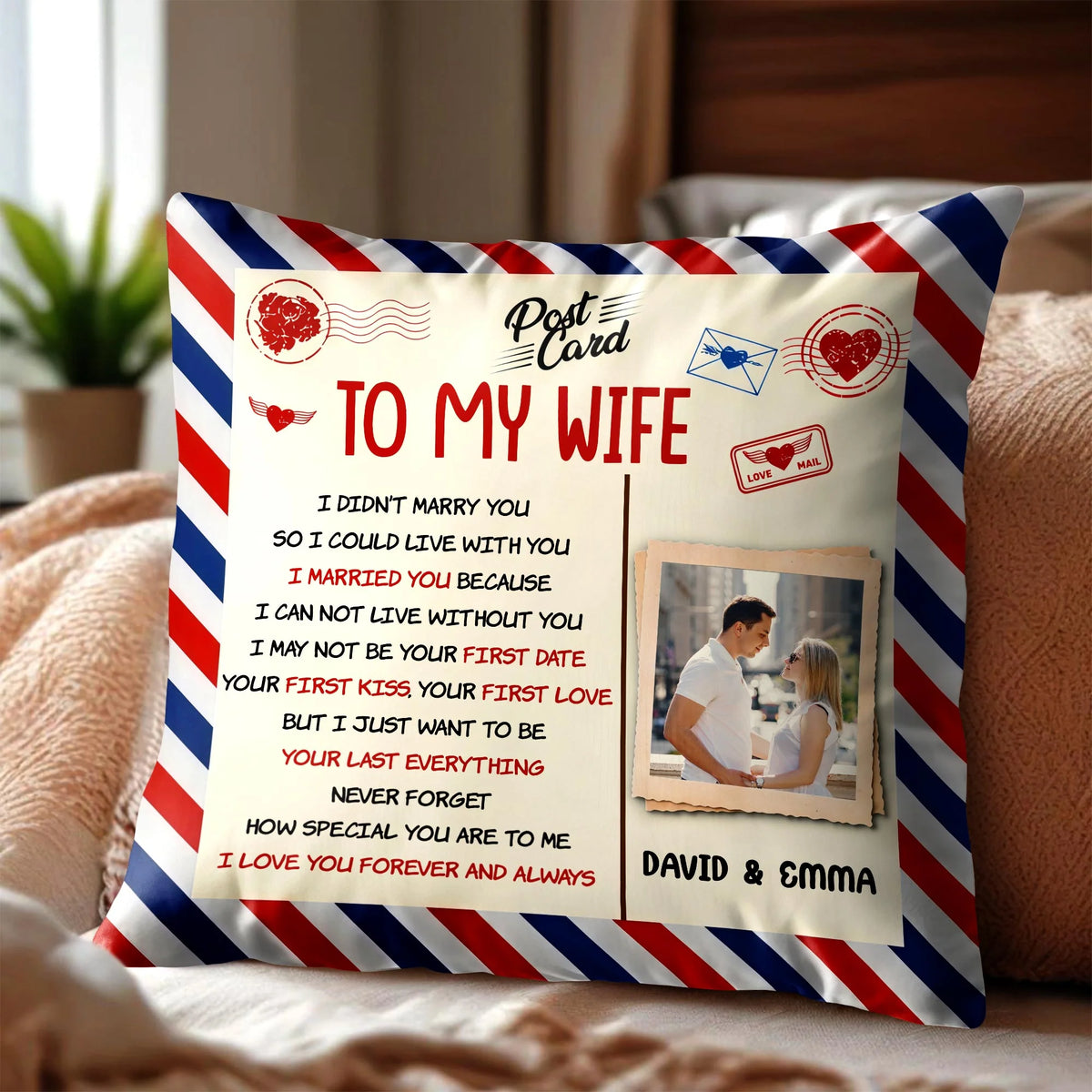 To My Wife I Love You Personalized Pillow - Custom Photo Postcard Throw Pillow for Wife