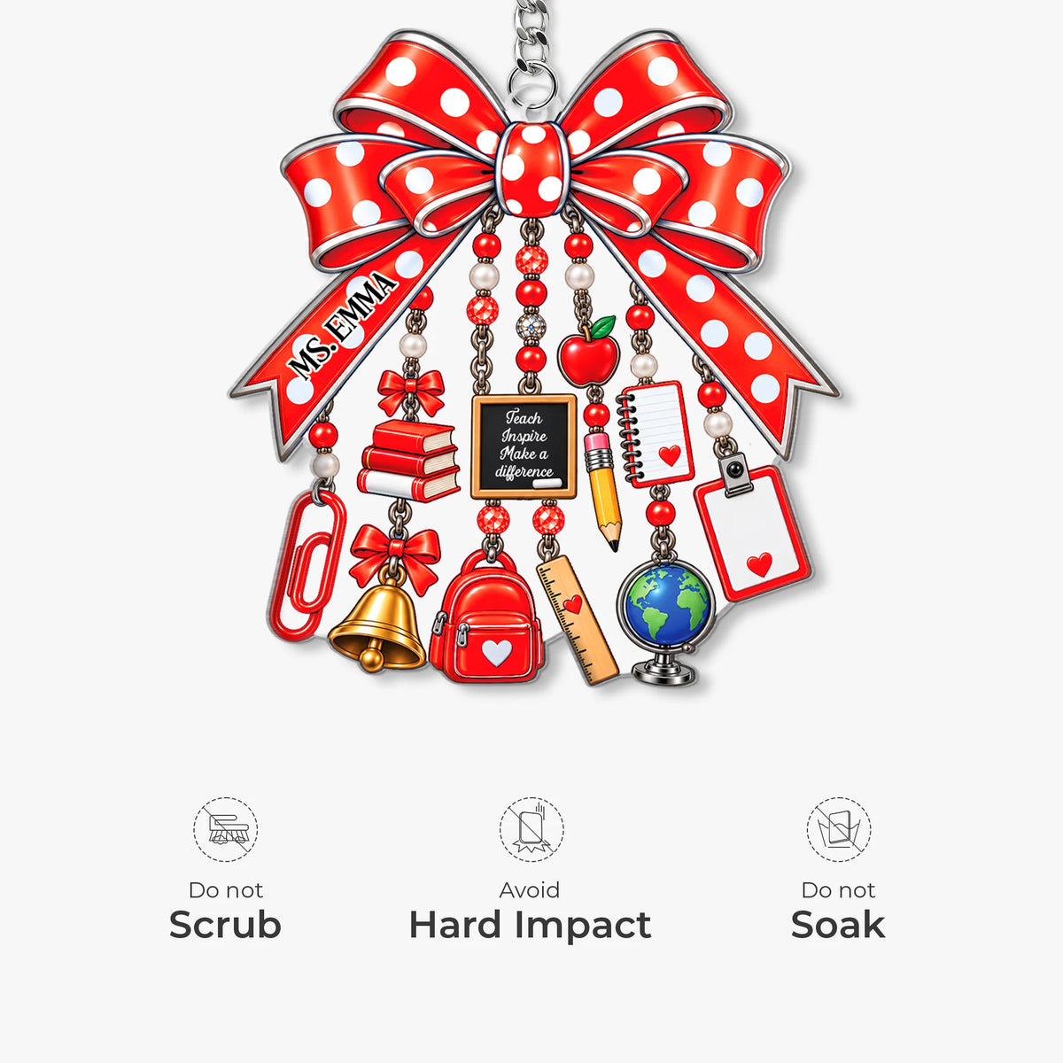 Teach Inspire Make A Difference Custom Name Acrylic Keychain - Personalized Back to School Bow Gift for Teachers