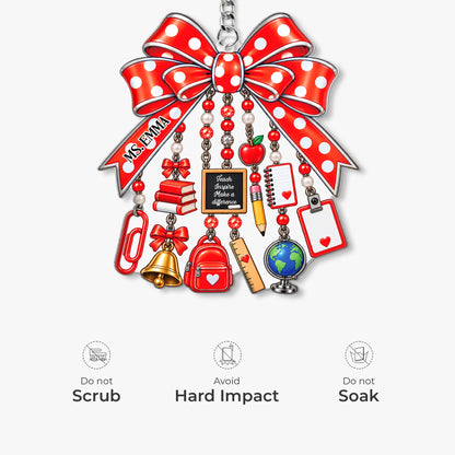 Teach Inspire Make A Difference Custom Name Acrylic Keychain - Personalized Back to School Bow Gift for Teachers