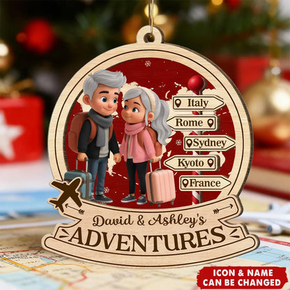 "Our Adventures" Personalized Couple Travel Wooden Ornament - Custom Christmas Holiday Gift for Couples