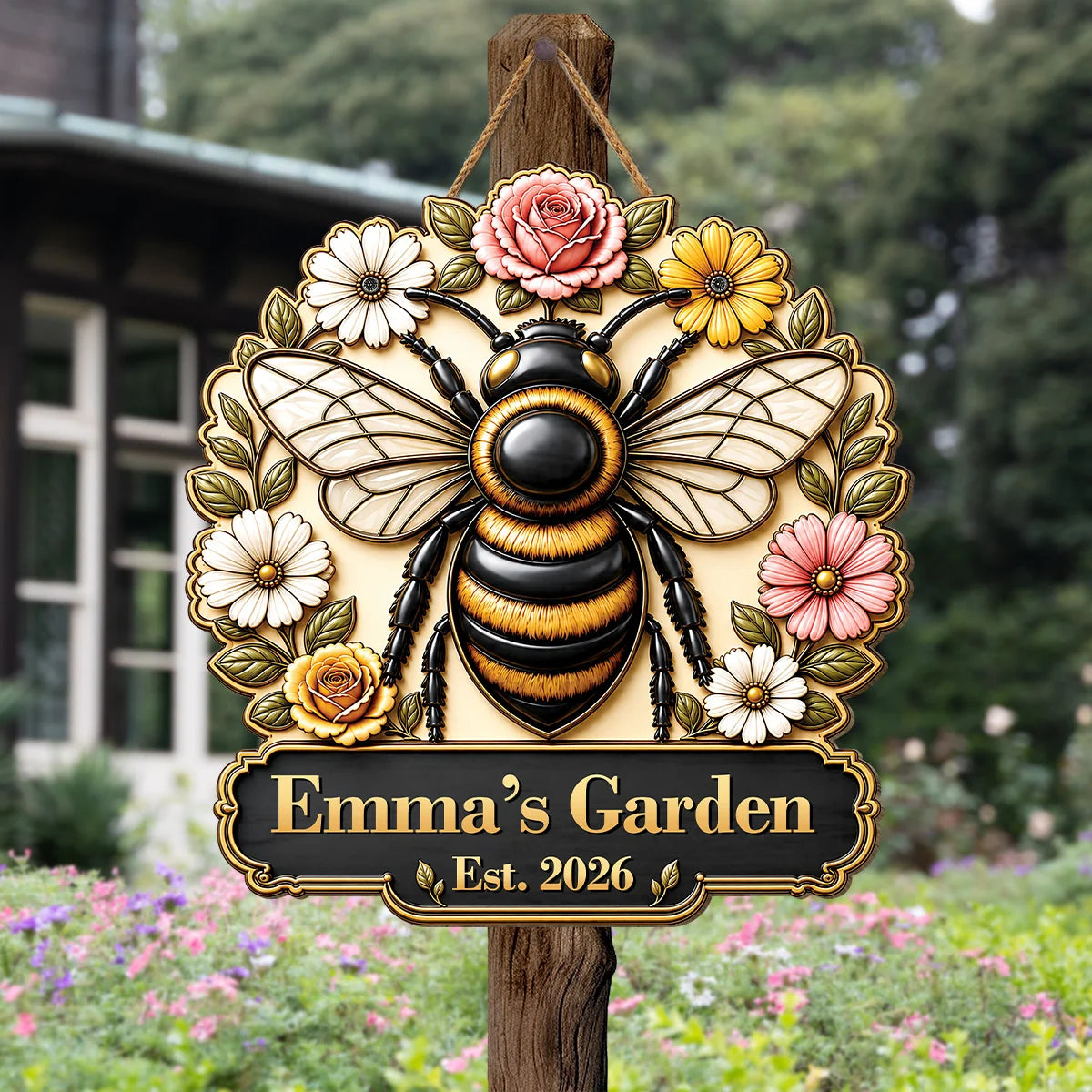 Personalized Bee and Flowers Garden Wood Sign - Custom Name Outdoor Gifts for Gardeners