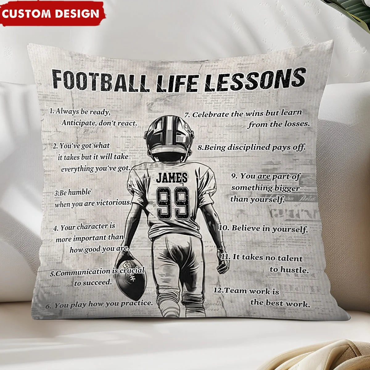 Football Life Lessons Personalized Pillow - Custom Name Number Throw Pillow Gift