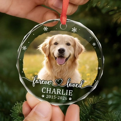 "Forever Loved" Custom Pet Memorial Glass Ornament - Personalized Photo Memorial Keepsake Gift