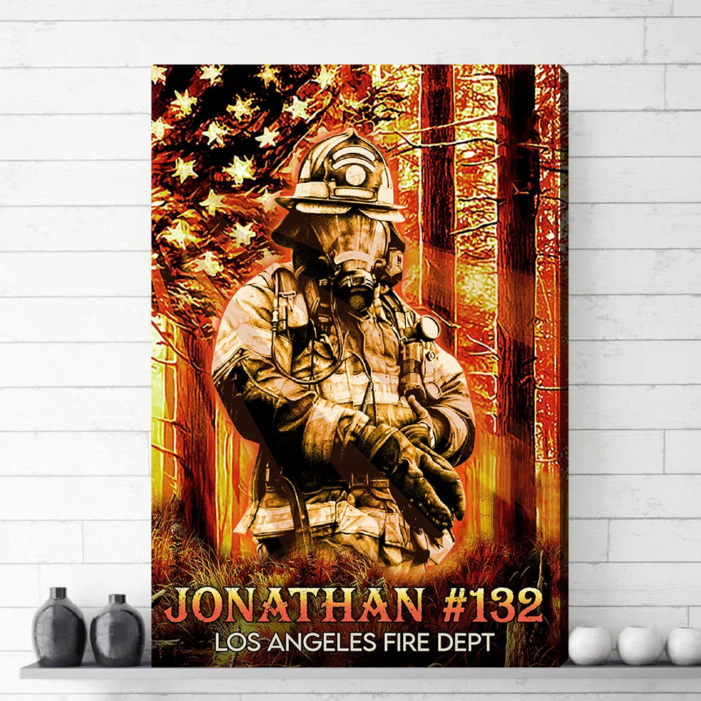 Custom Firefighter American Flag Canvas / Poster - Personalized Fireman Wall Art Gift