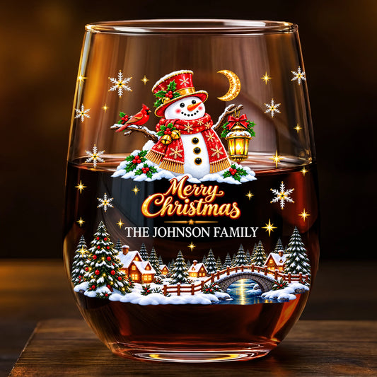 Merry Christmas Personalized Stemless Wine Glass - Custom Holiday Gift for Family